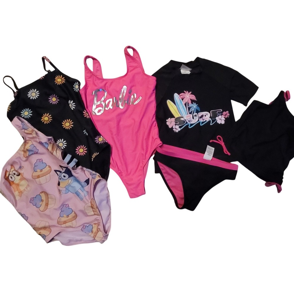 Girls Sz 7/8 Swimsuit Bundle Bluey Barbie Floral Rash Guard Set 6pc Lot Pink/Blk